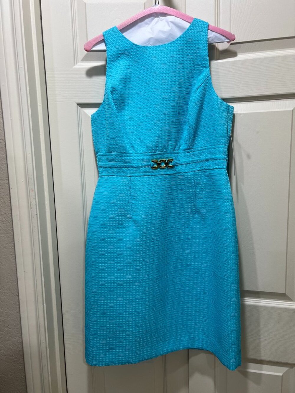 NWT Women’s Tahari Levine Turquoise Textured Sheath Dress Gold Accent - Size 8